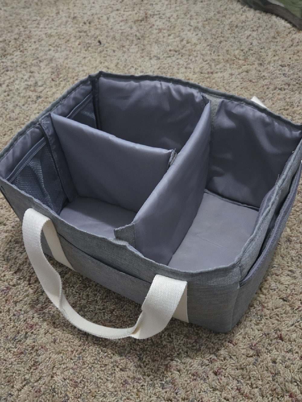 Gray Fabric Storage Caddy with White Carry Handles